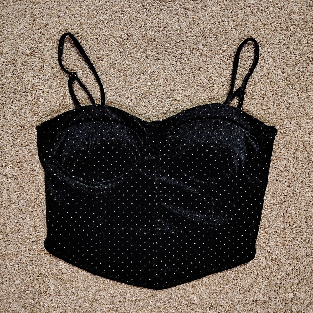 Mixed Threads Black Velvet Bustier with Gold Polka Dots Size XL Runs Small